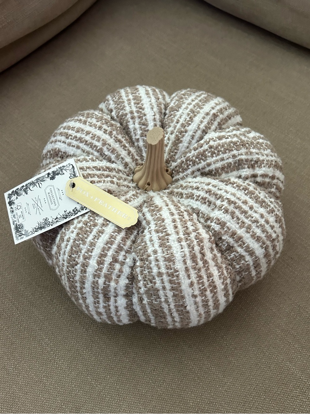 “New” Fox + Feather Neutral Striped Knit Pumpkin Holiday Pillow